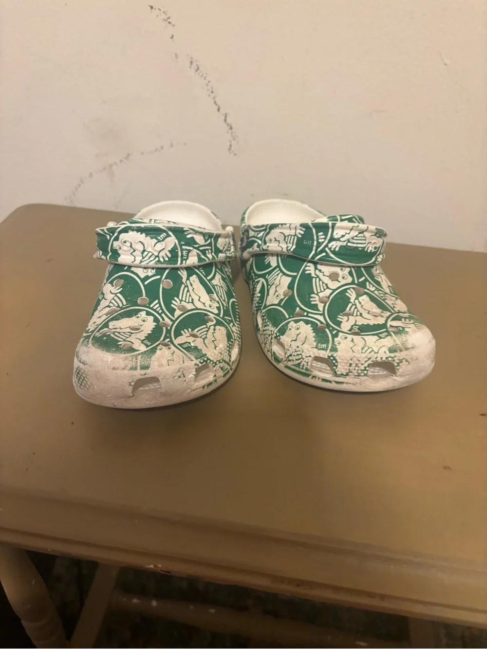 CROCS Kids Green and White Patterned Clogs